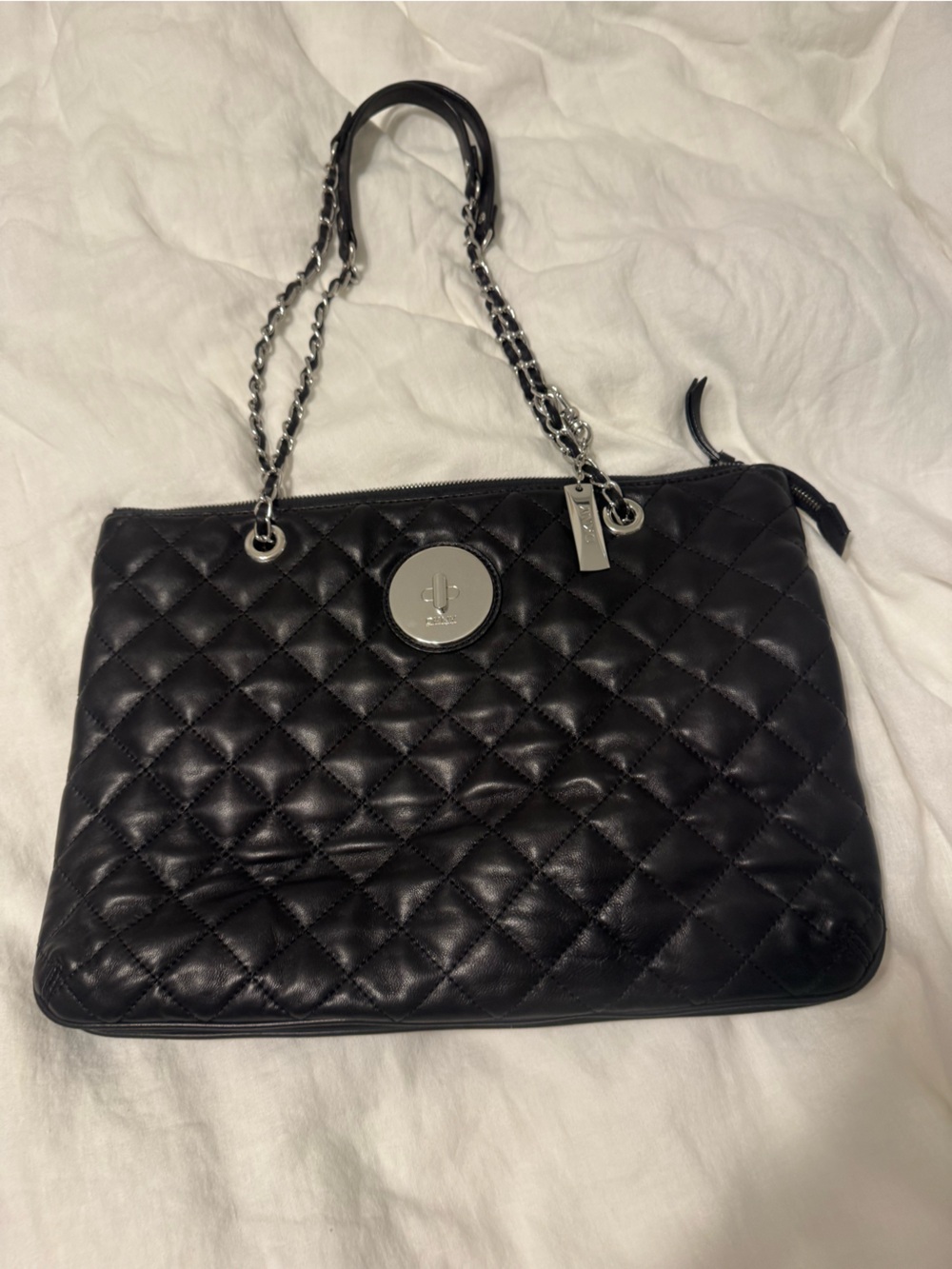 DKNY Black Quilted Shoulder Bag with Silver Hardware